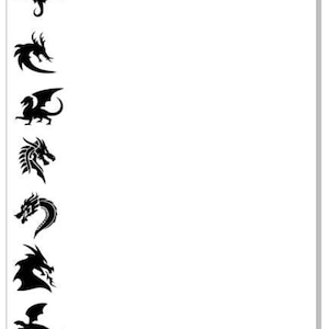 May include: A white sheet of paper with a black dragon silhouette repeated down the left side.
