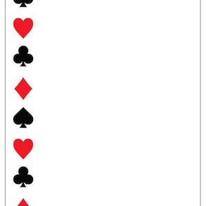 May include: A white background with a vertical arrangement of playing card suits in black and red. The suits include spades, hearts, clubs, and diamonds, repeated in sequence.