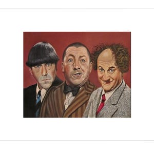 May include: A framed art print featuring a realistic painting of three men against a solid red background. The man on the left has a dark bowl-cut hairstyle, the center man wears a brown striped suit with a bow tie, and the right man has curly hair.