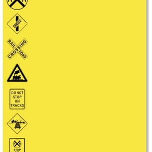 May include: A yellow background with black and white railroad crossing signs. The signs include: RR, a railroad crossing sign with a train, a sign that says "DO NOT STOP ON TRACKS", and a sign that says "STOP AND LOOK BEFORE CROSSING".