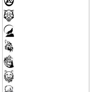 May include: A set of black and white wolf silhouette illustrations. The illustrations feature a wolf howling at the moon, a wolf with its head raised, a wolf howling, a wolf with its head down, a wolf with its head raised, and a wolf howling at the moon.