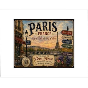 May include: A rectangular metal sign featuring a sunset view of Paris, France, with the Eiffel Tower, a street lamp, and a cafe. Text includes PARIS FRANCE, City of Light, City of Love, and a signpost listing landmarks like Tour Eiffel and Montmartre.