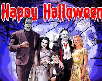 Peut inclure: Un groupe de cinq personnages de dessin animé habillés en costumes d'Halloween. Les personnages sont debout devant une lune bleue et blanche avec des branches en arrière-plan. Le texte "Happy Halloween" est écrit en rouge en haut de l'image.