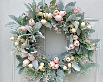 Spring Lamb's Ear and Tulip Wreath, Farmhouse Wreath and Berries for Front Door, Pink Flowers, Mother's Day, Summer Wreath, Valentine's Day