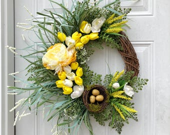 Farmhouse Spring Wreath, Yellow White Peony Tulip Wreath, Bird Nest Door Decor, Front Door Floral Wreath, Mother’s Day Handmade Gift