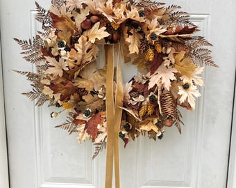 Fall Leaf Wreath for Front Door, Acorns, Pinecones, and Blackberries, Neutral Fall Foliage Wreath, Rustic Autumn Decor, Housewarming Gift