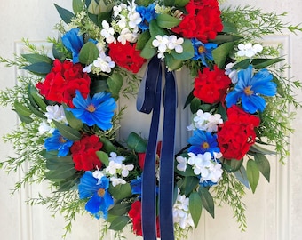 Patriotic Red White and Blue Wreath, 4th of July Front Door Decor, Americana Summer Floral Wreath, Summer Porch Wreath, Blue Velvet Ribbon