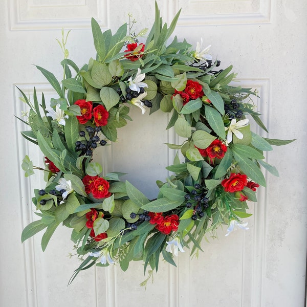 Patriotic Wreath for Front Door, Summer Wreath, Red White and Blue, Memorial Day. 4th of July, Flag Day, Cottage Style Americana Decor