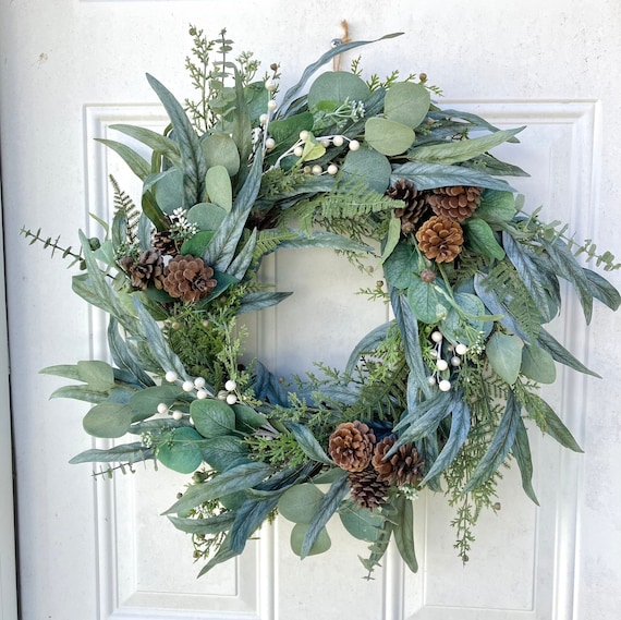 Winter Eucalyptus Wreath for Front Door, Classic Christmas Pinecone and Berry Wreath, Farmhouse Holiday Decor, Winter Evergreen Door Hanger