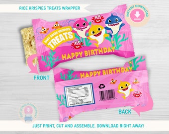 INSTANT DOWNLOAD Rice Krispies Labels, Kids Birthday Party, Pink Shark Party Favor, Shark Labels, Shark Party Printable, Digital File ONLY