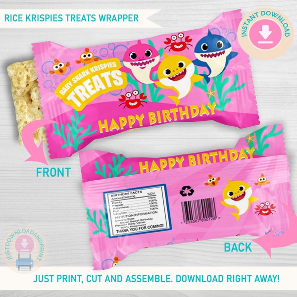INSTANT DOWNLOAD Rice Krispies Labels, Kids Birthday Party, Pink Shark Party Favor, Shark Labels, Shark Party Printable, Digital File ONLY