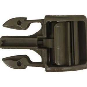 May include: A brown plastic buckle with a side release clasp. The buckle is designed for use with straps or webbing.