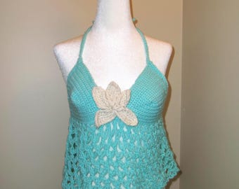 Handgemachte häkeln Neckholder Top - Blaue Blume Detail Beachy Style