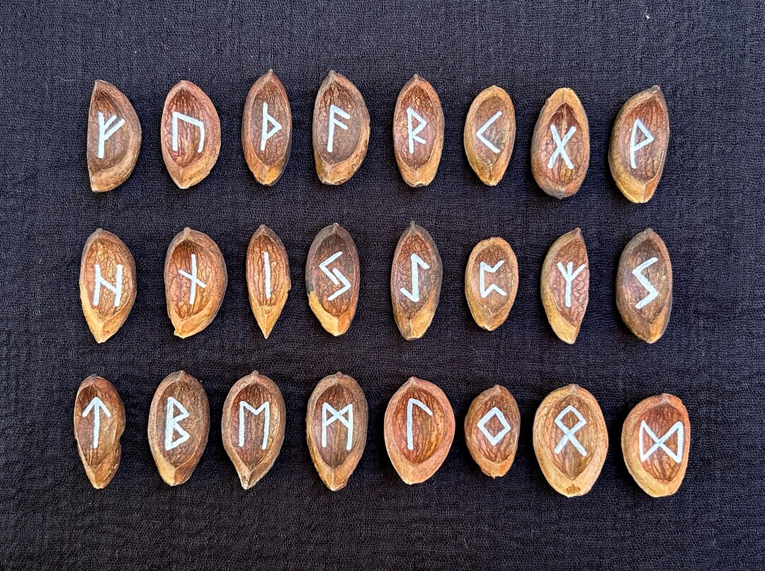 Shell Runes Hand-painted Elder Futhark Rune Set; Hickory Nut Shell Rune Set With ...