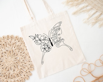 Bolsa de lona con frase motivacional de mariposa