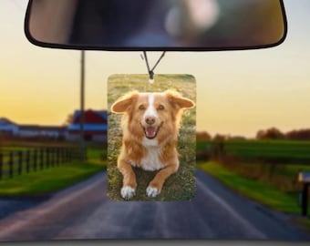 以下が含まれることがあります： 幸せそうな白い斑点のあるゴールデン犬の写真が印刷された車の芳香剤。犬は草地のフィールドに座っています。
