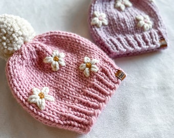 Floral Chunky Knit Hat | Custom Embroidered Hat | Hand Knit Hat | Baby, Toddler, Child, Kid, Adult | Embrodiered Flowers | Mommy and Me Hats