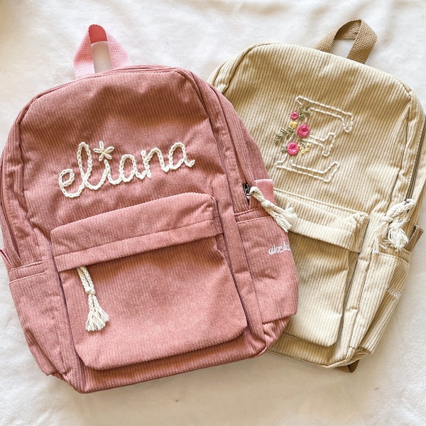 Personalisierte Hand bestickt Rucksack | Bestickter Courdury Rucksack | Schultüte | Kinderrucksack | Kleinkind Rucksack