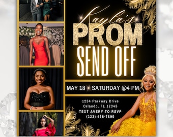 Gold Neon Prom Send Off Flyer: Class of 2026 Black Photo Invite Canva Template