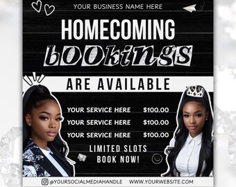 Homecoming Bookings Flyer Template: Hair Wig Lash Nail Appointments, Canva Editable