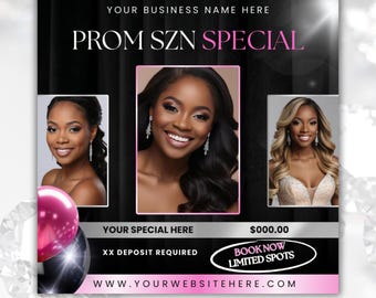 Modello di volantino per prenotazione ballo di fine anno: salone di bellezza, parrucchiere, trucco, unghie (Canva)