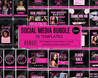 Hair Stylist Instagram Templates: Black & Pink Branding Kit (55 Canva Templates)