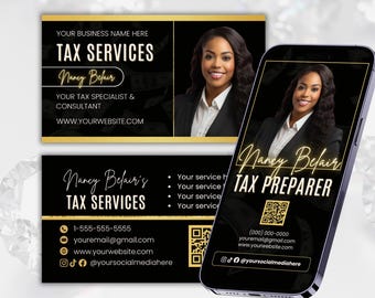May include: Black and gold business card template for a tax preparer named Nancy Belair. The card features a photo of Nancy Belair, her contact information, and the text "Tax Services" and "Tax Preparer".