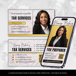 May include: A digital business card template for a tax service provider. The template features a gold and white color scheme with a photo of a woman. The text on the card includes the name "Nancy Belair", the title "Tax Services", and contact information. The card also includes a QR code.
