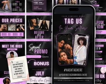Hair Stylist Instagram Templates: Black & Purple Beauty Branding (Canva)