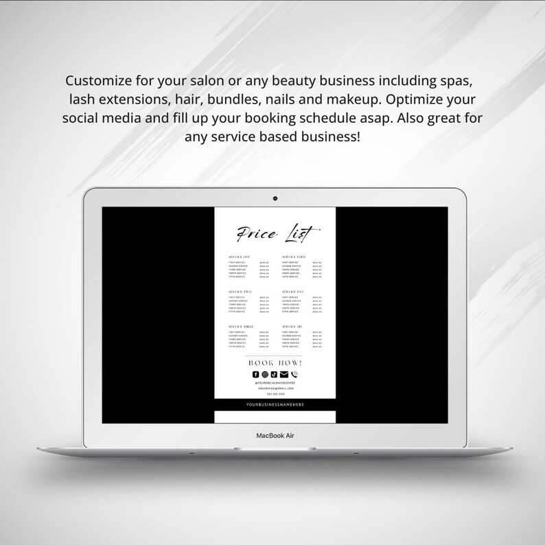 Price List Template Black and White, Salon Price List, Editable Price