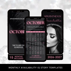 May include: Three smartphone screens displaying digital appointment scheduling templates for October. The designs feature black backgrounds with pink neon-style text, a calendar grid with time slots, and a black and white portrait of a person.