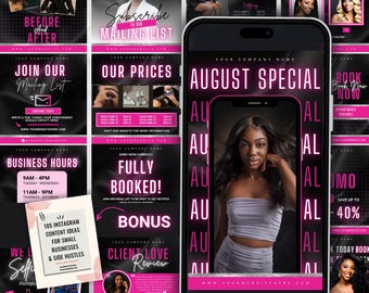 Hair Stylist Instagram Template Bundle: Black & Pink Branding Kit for Beauty Brands