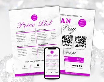 QR Code Scan to Pay Sign: Beauty Salon Price List Template (Digital Download)