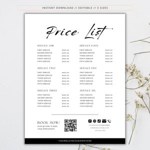 Minimalist Price List Template: Salon, Nail, Hair (3 Sizes) (Canva Editable)