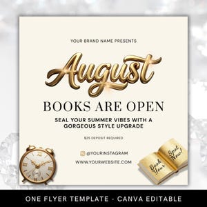 August Books Are Open Flyer: Summer Bookings for Hair Lash Nails Braids Wig Installs