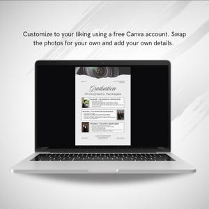 May include: A laptop displays a graduation photography packages template. The template includes the word "Graduation" and the text "Photography Packages". The template has three packages listed with prices and details. The laptop is on a white surface.