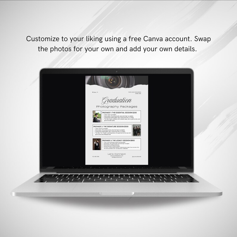 May include: A laptop displays a graduation photography packages template. The template includes the word "Graduation" and the text "Photography Packages". The template has three packages listed with prices and details. The laptop is on a white surface.