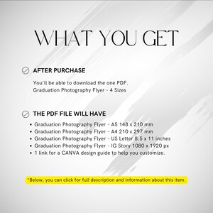 May include: A digital flyer titled "WHAT YOU GET" with details on a graduation photography flyer. The flyer includes information on the PDF file, which offers four sizes: A5 (148 x 210 mm), A4 (210 x 297 mm), US Letter (8.5 x 11 inches), and IG Story (1080 x 1920 px).