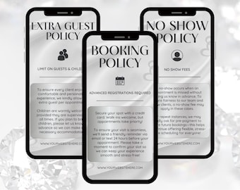 May include: Three white phone mockups with a gray background. Each phone displays a salon booking policy template. The first phone displays an extra guest policy, the second phone displays a booking policy, and the third phone displays a no-show policy.
