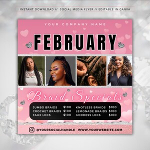 February Booking Flyer - Valentines Day Braid Flyer Sale - Braider Special Flyer - Braids Price List