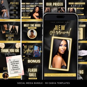 Black & Gold Hair Stylist Kit: Editable Canva Templates for Beauty Branding