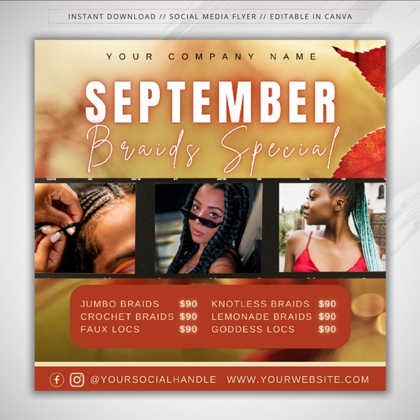 Braid Specials Flyer, September Braid Sale Flyer, Braids Flyer, Fall Season Flyer, Braid Prices Flyer, Hair Flyer, September Flyer