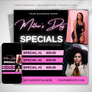 Mothers Day Specials Flyer - May Booking Flyer - Hair Lash Makeup Braids Wig Nail Appointments Available Flyer