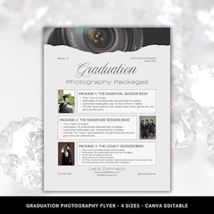 A graduation photography flyer template editable in Canva. 3 pricing sections the photography packages. Room for 4 photos. Includes 4 sizes.