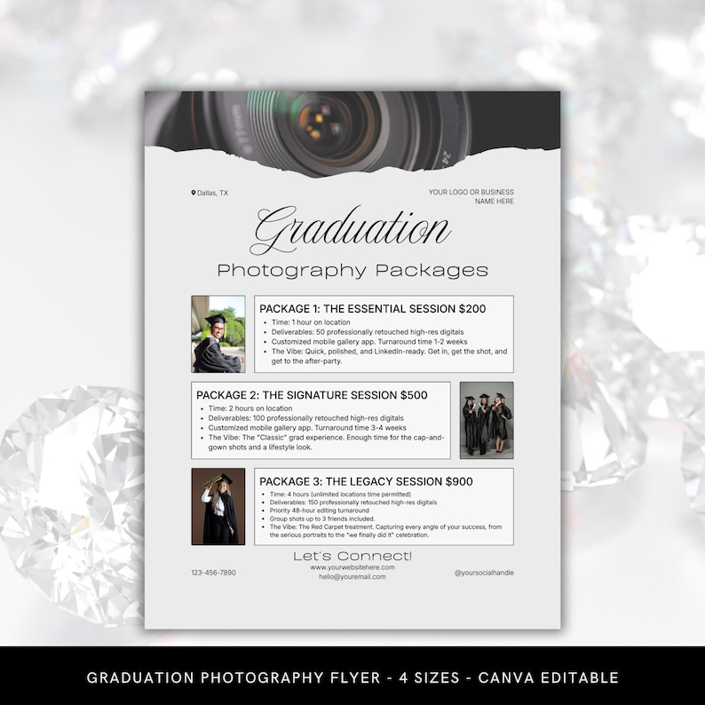 A graduation photography flyer template editable in Canva. 3 pricing sections the photography packages. Room for 4 photos. Includes 4 sizes.