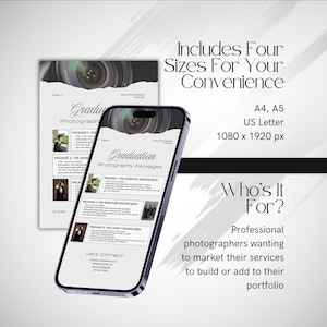 Featuring one of the printable templates and the IG story version which is displayed on a screen of a smartphone. Includes 4 sizes for your convenience. Who is this product for? Professional photographers who want to market their services to build or add to their portfolio.