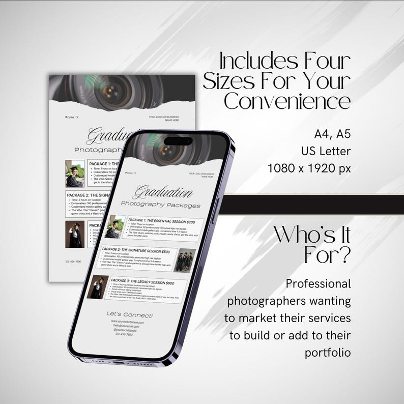 Featuring one of the printable templates and the IG story version which is displayed on a screen of a smartphone. Includes 4 sizes for your convenience. Who is this product for? Professional photographers who want to market their services to build or add to their portfolio.