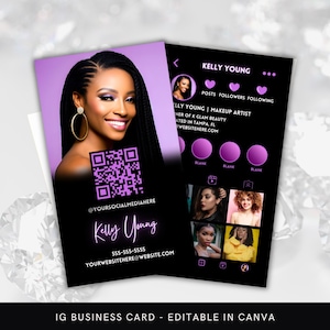 Make Up Artist Instagram QR Code Visitenkarte: Schwarz und Lila Canva Template
