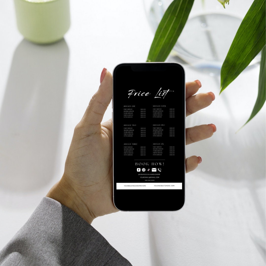 Price List Template Black and White, Salon Price List, Editable Price List, Digital Price List