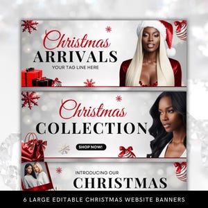 Peut inclure: Six bannières de site Web de Noël modifiables avec un fond argenté, des flocons de neige rouges et blancs, des boules rouges et blanches et un sac cadeau rouge. Les bannières présentent le texte "Arrivée de Noël", "Collection de Noël" et "Présentation de notre Noël".